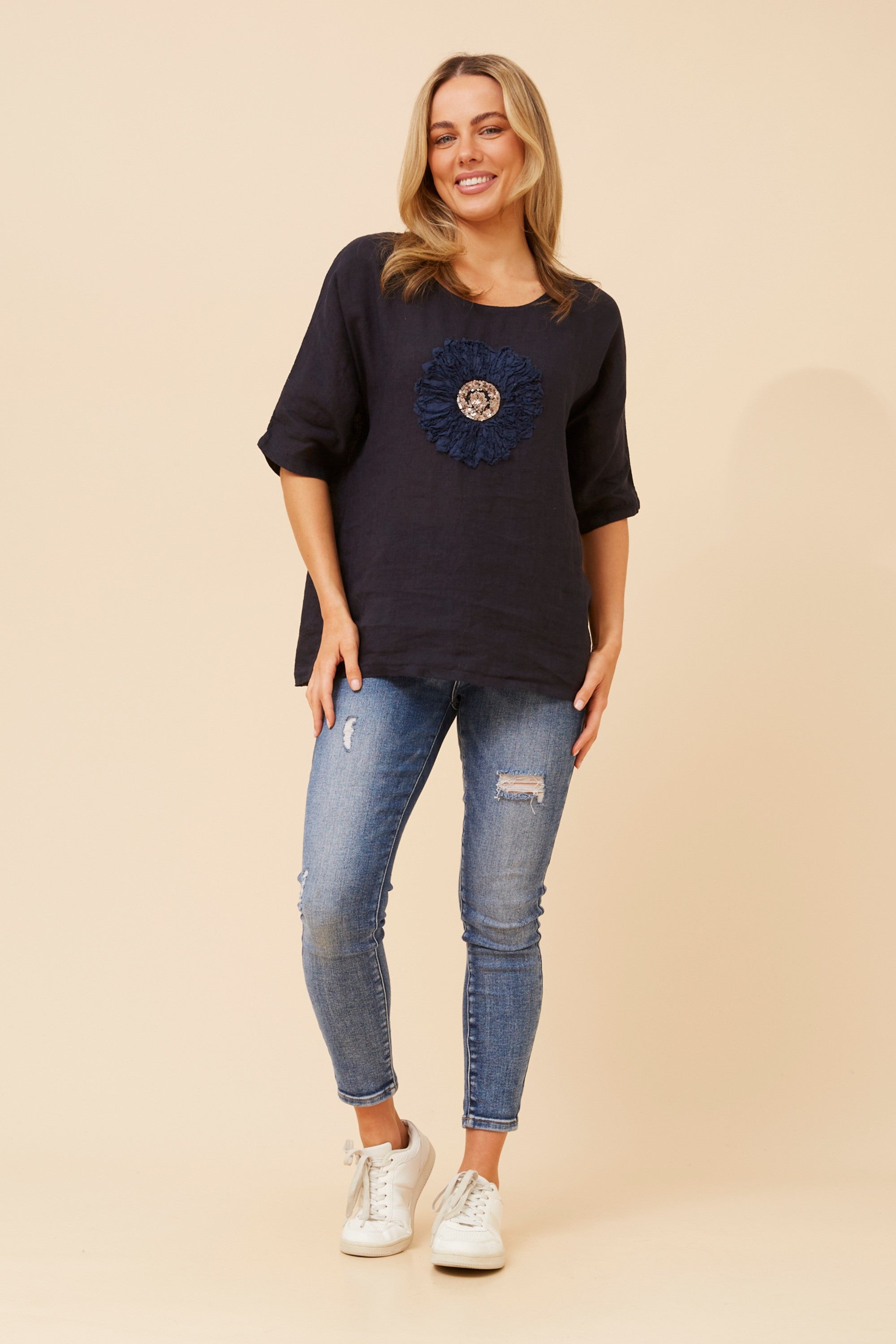 Lucia Navy Linen Top