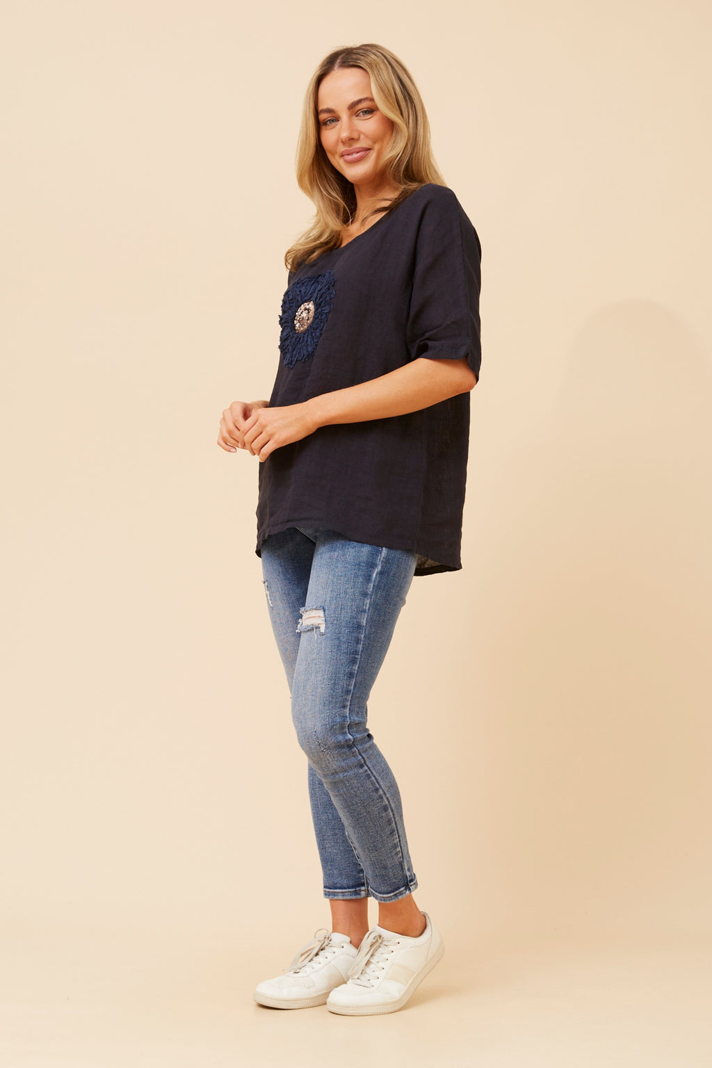 Lucia Navy Linen Top